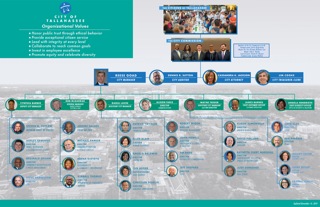 A chart depicting the City of Tallahassee's organizational structure in 2020